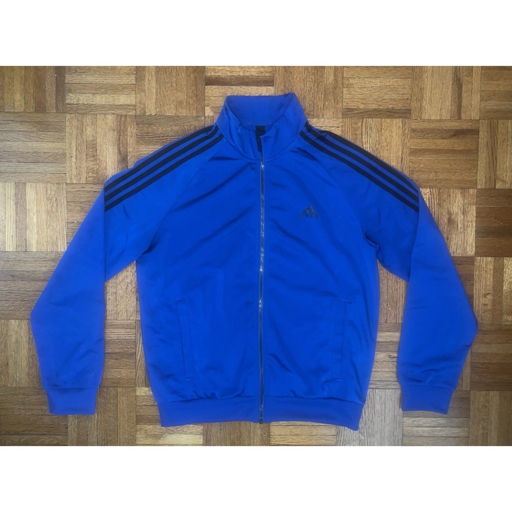 Adidas Jacket Mens Medium Blue | Black Stripes Full Zip Running Windbreaker